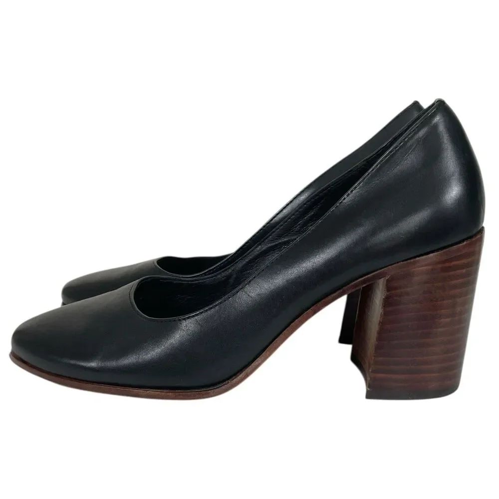 Patricia Nash Anita Black Leather Block Heel Pumps Size 7 Almond Toe